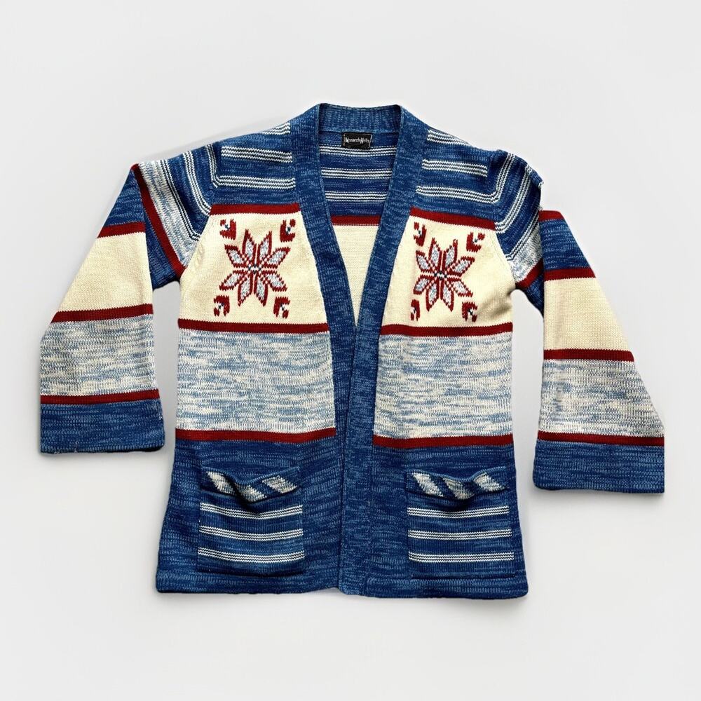 Monarch Knits Winter Cardigan Womens L Sweater Brown Bell Sleeve Nordic VTG 70s